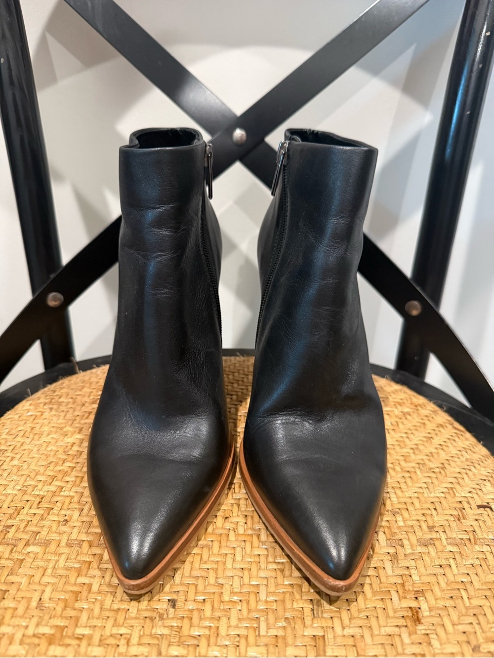 Vince Camuto Pezlee Black Leather Pointed Ankle Boot with Stacked Brown Heel - Picture 2 of 6